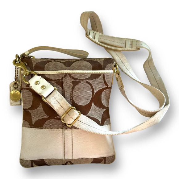 COACH Signature 40758 Crossbody Bag Canvas Leather Brown White Swingpack - Picture 2 of 14